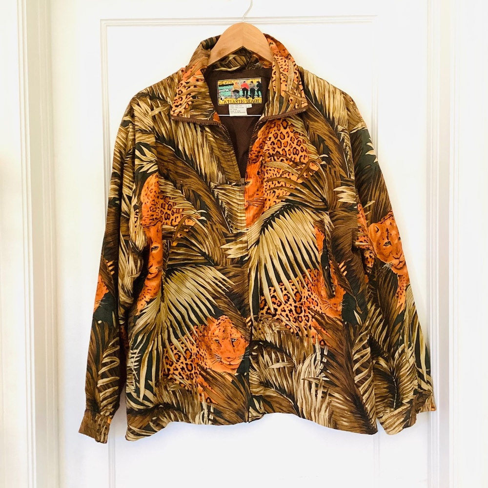 Vintage ATLANTIC BEACH Jaguar Silk Bomber Jacket Jungle Tropical Olive Green L